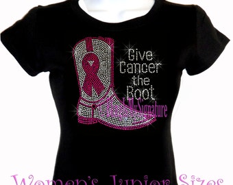 Boot - Pink Ribbon - Give Cancer - Iron on Rhinestone T-Shirt - Bling Hot Fix Breast Cancer Awareness Shirt Top