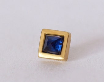 Tiny Square Stud, Square Piercing, Geometric Stud, Small Blue Sapphire Stud, Gemstone Stud, Dainty 14k Gold Earring