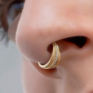 14K Gold Diamond Septum Clicker, Huggie Nose Ring, Thick Cartilage Hoop, Unique Septum Jewelry