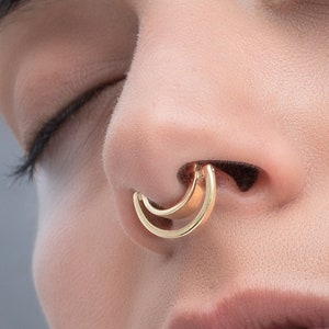 Stacked Double Septum Ring, Dangle Wide 14k Clicker Earring Statement Piercing, Thick Big Septum Clicker Jewelry, Tribal Helix Hoop