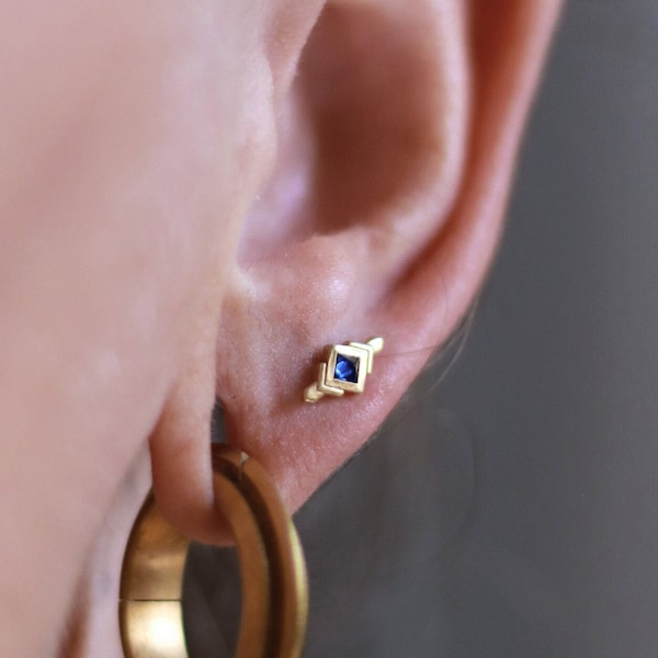 Small Blue Sapphire Stud, Dainty Gemstone Earring, Unique 14k Gold Earring For Women, Minimalist Handmade Earring, Everyday Boho Stud