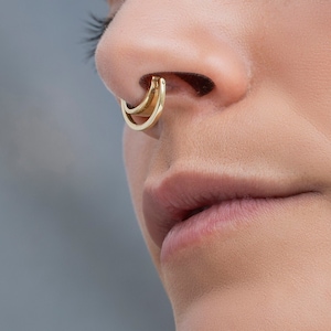 14k Gold Septum Clicker, Double Wide Cuff Septum Ring, Double Dangle Earring For Piercing, Unique Tribal Septum Jewelry, Helix Ear Cuff 16G