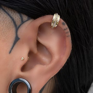 Diamond Wide 14k Gold Cartilage Hoop Helix Piercing Ring, Small Fine Jewelry Huggie Earrings, Gold Nose Septum Ring, Mothers Day Gift For