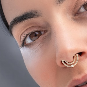 Solid Gold Septum Jewelry Clicker, Dangle Nose Ring, Diamond 14k Daith Earring Cartilage Piercing, Conch Hoop