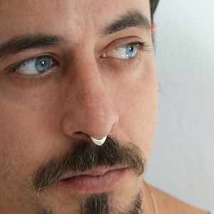 Puede incluir: Primer plano de la cara de una persona con un aro de nariz plateado. La persona tiene ojos azules y bigote.