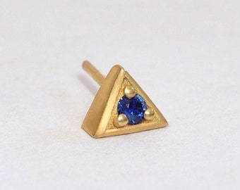 Tiny Triangle Stud Earring, Geometric Piercing, Blue Sapphire Stud, Small 14k Gold Stud, Dainty Gemstone Earring