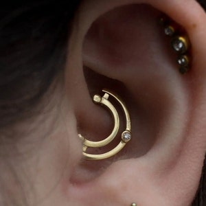 14k Gold Daith Earring, Double Daith Hoop, Diamond Piercing, Geometric Daith Clicker, Cartilage Earrings, Solid Gold Helix, Dangle Cartilage