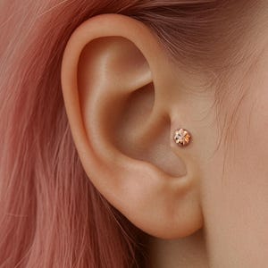 14K Gold Tragus Stud Earring – Small Mandala Floral Threadless & Standard Post, Everyday Piercing Jewelry