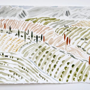 Country Landscape - Original Watercolor Landscape Art, Rolling Hills, Mountains, Green