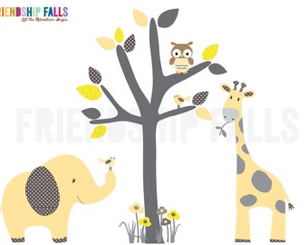 giraffe decal Brown Tree Nursery Wall Decal Classic Denim Mini Jungle Decals Small elephant Wall Decal Friendship Falls decal
