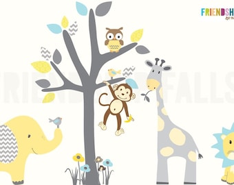 giraffe decal Brown Tree Nursery Wall Decal Classic Denim Mini Jungle Decals Small elephant Wall Decal Friendship Falls decal