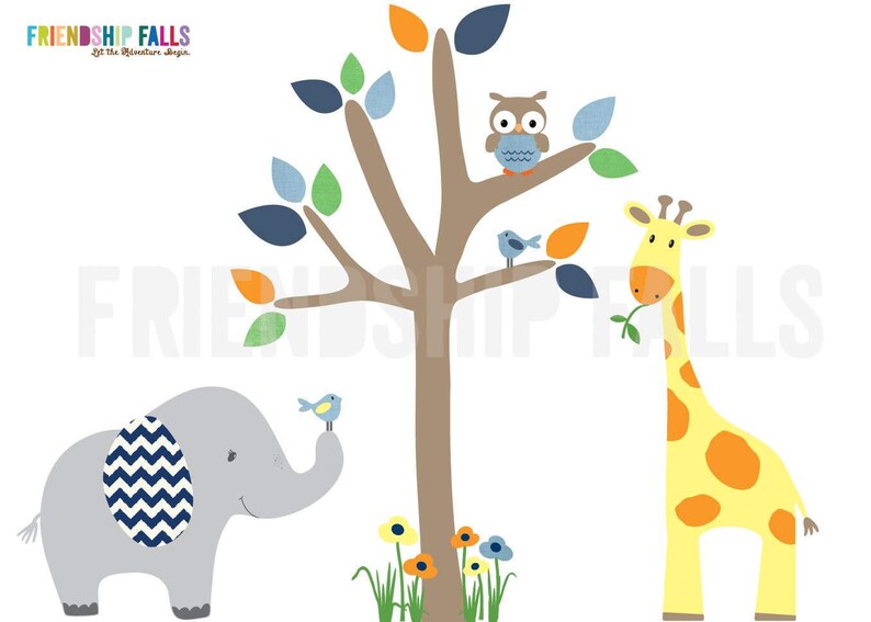 giraffe decal Brown Tree Nursery Wall Decal Classic Denim Mini Jungle Decals Small elephant Wall Decal Friendship Falls decal