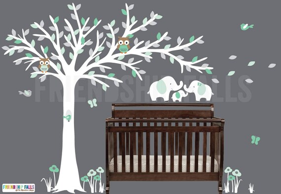 Blowing Tree Baby Elephant Decal Baby Elephant Nursery Wall Decal Elephant Owl Decal Mint Pale Grey Scene White Tree
