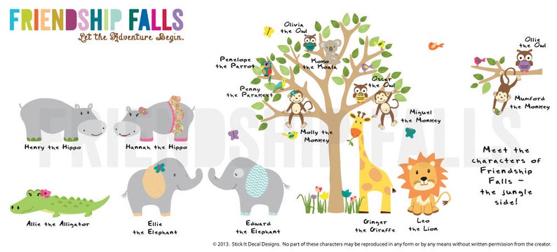 giraffe decal Brown Tree Nursery Wall Decal Classic Denim Mini Jungle Decals Small elephant Wall Decal Friendship Falls decal