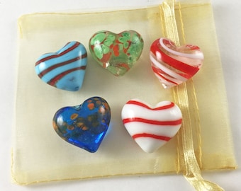 Set of 5 Multi-Colored Glass Pocket Hearts with Organza Bag