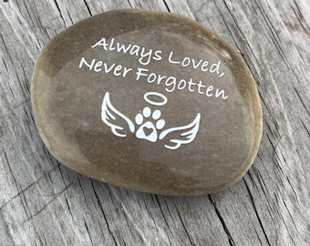 Always Loved Never Forgotten (Pawprint Angel Wings) Graphic - Engraved River Rock Pet Memento Word Stone