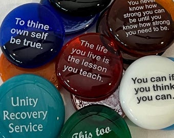Imprinted Colored Glass Word Stones - Wisdom/Recovery Phrases - LAST CHANCE - No Restock