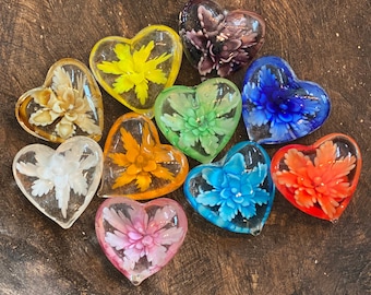 Floral Glass Pocket Hearts in Rainbow Colors- Bulk Sets - FREE US SHIPPING