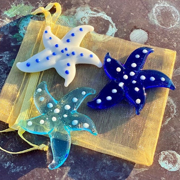 Mini Miniature Glass Starfish Sitter Figurine Collectible - Set of 3 in gift bag