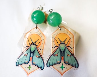 Mystic Moth Earrings: Glitter, Aventurine Stone, Boho Festival Jewelry