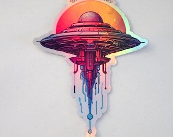 Holographic Space Station Sticker: Retro Sci-Fi Iridescent Vinyl