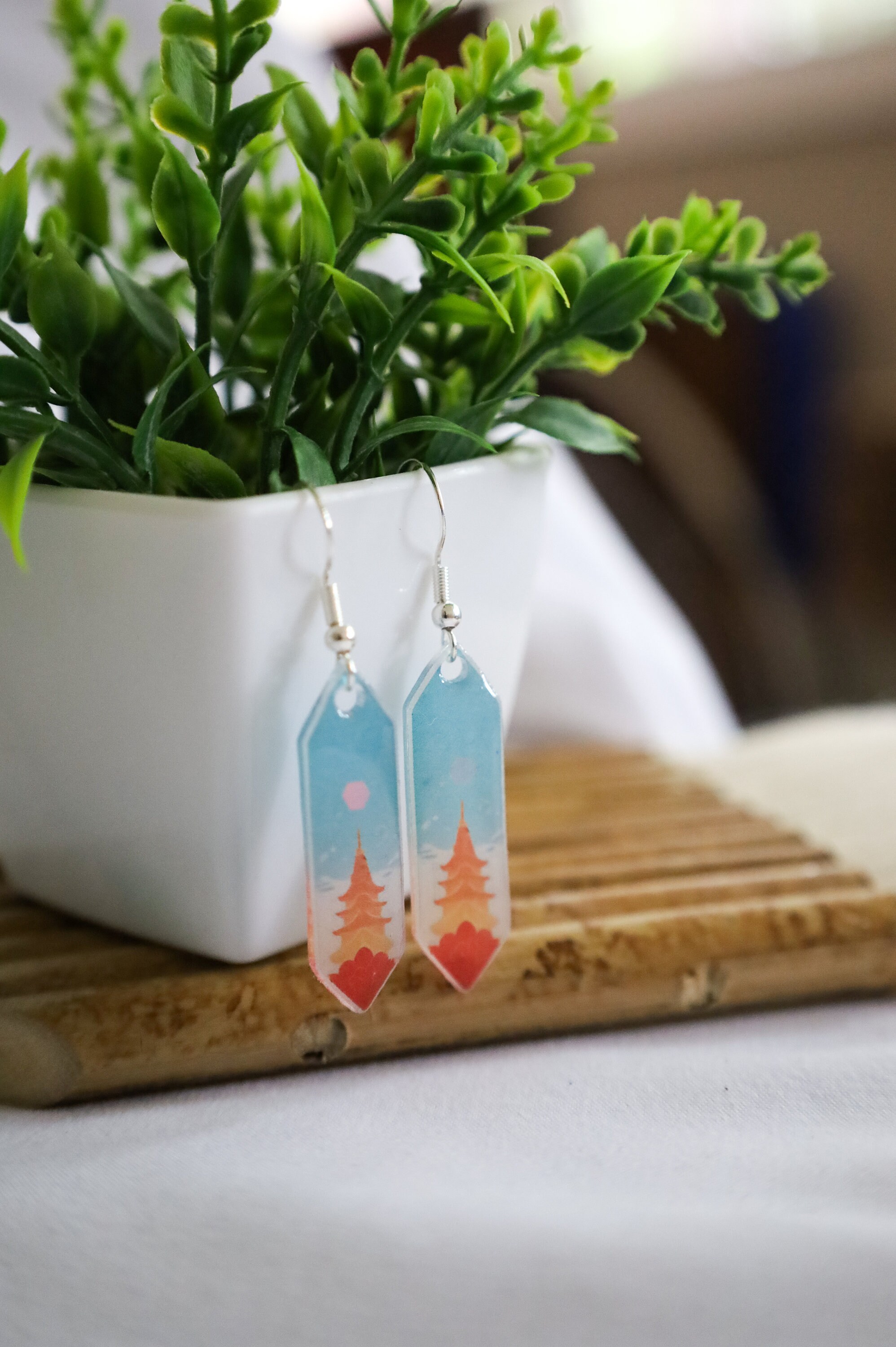 Dangle Japanese Shrine Sunset Dusk Sun Earrings Handmade