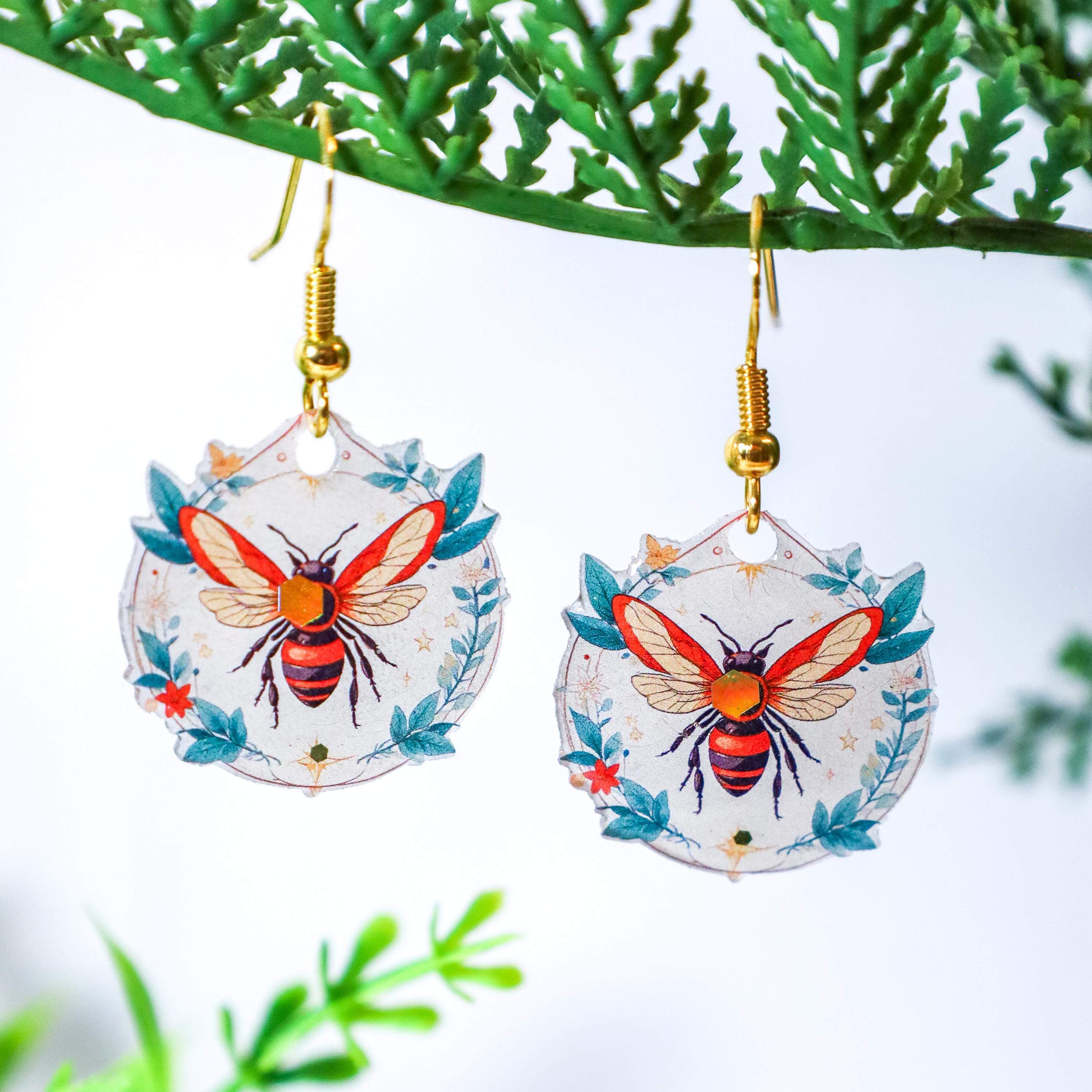 Spring Honey Bee Earrings Botanical Light Catching Piercings