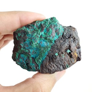 Può includere: Una pietra naturale grezza con una miscela di colori turchese e marrone scuro. Le aree turchesi hanno un aspetto cristallino strutturato, mentre le sezioni marroni appaiono più solide. La pietra è tenuta in mano su sfondo bianco.