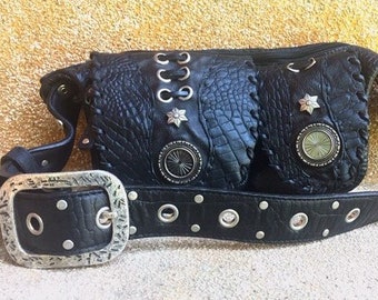 Black Fanny Pack, Leather Waist Bag, Hip Bag, Bum Bag, Leather Utility Bag, Steampunk, Black Belt Pouch