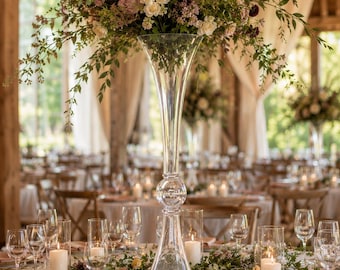 24" Clear Reversible Trumpet Vase Set of 4 | Tall Wedding Centerpiece Vases | Double Sided Glass Vase | Wedding Reception Decor