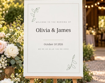 Personalized Wedding Welcome Sign, 18x24 Foam Board, Minimalist Botanical Wedding Entrance Sign