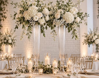 Set of 2 – 35.5” Tall Clear Fluted Glass Vases, Wedding Centerpieces, Large Trumpet Vases, Reception & Event Decor