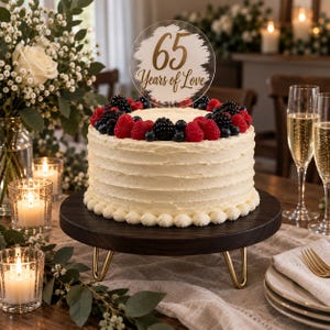 May include: A round cake with white frosting topped with fresh raspberries, blackberries, and blueberries. A circular acrylic cake topper features the text 65 Years of Love in gold. The cake sits on a dark wooden stand with gold metal legs.