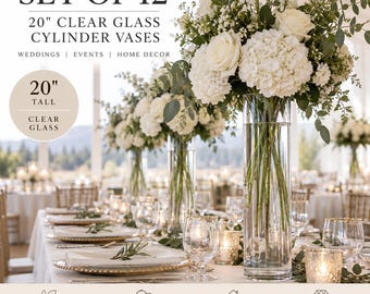 20" Clear Glass Cylinder Vases Set of 12, Tall Wedding Centerpiece Vases, Bulk Glass Vases for Wedding Table Decor