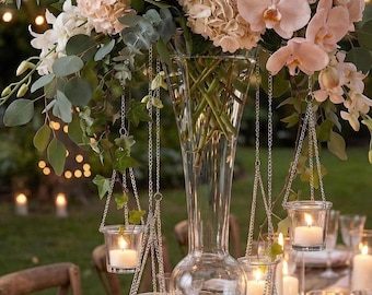 Tall Clear Glass Trumpet Vases, Wedding Centerpiece Set of 4