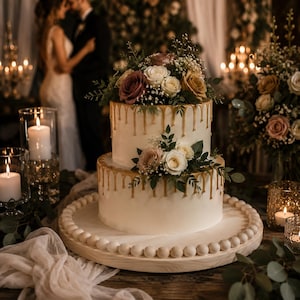 May include: A two-tier white cake with gold drip icing, topped with a bouquet of white, pink, and tan roses and greenery. The cake sits on a round wooden stand with a beaded edge, surrounded by lit candles and soft fabric accents.