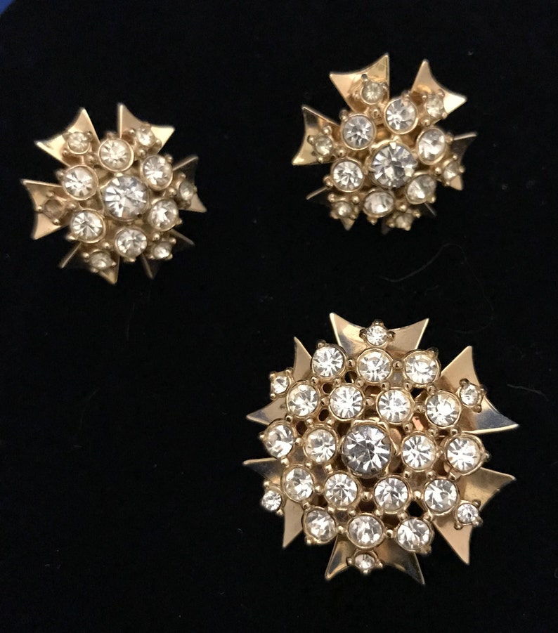 Vintage Gold and Rhinestone Brooch and Earring Set
