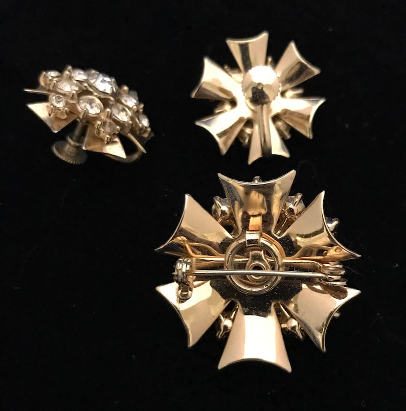 Vintage Gold and Rhinestone Brooch and Earring Set