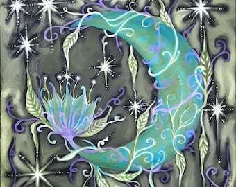 8x10" Faery Lotus Moon (Giclee Art Print) Faeries/Fae/Magical Art/Witchy/Moon/Magick/Lunar/Painting/Altar Art/Nature