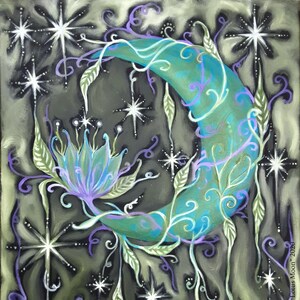 8x10&quot; Faery Lotus Moon (Giclee Art Print) Faeries/Fae/Magical Art/Witchy/Moon/Magick/Lunar/Painting/Altar Art/Nature