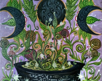 Peut inclure: Un chaudron noir avec des motifs tourbillonnants se trouve sur un fond violet entouré de feuilles vertes, de fleurs blanches et de champignons. Le chaudron est rempli d'un liquide vert et a une lune noire de chaque côté.