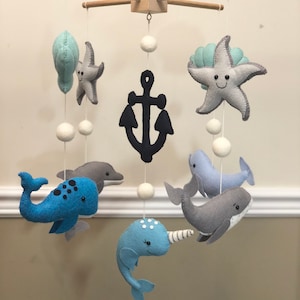 Nautique Océan Animaux Narval Béluga Dauphin Baleine Ancre Sea Stars Coquillage Feutre Bébé Mobile Baby Shower Cadeau