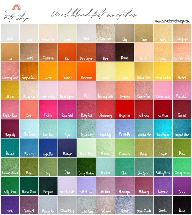 May include: A chart of 100 wool blend felt swatches in various colors. The swatches are arranged in rows and columns, with each swatch labeled with its color name. The chart is titled "Wool blend felt swatches" and includes the website address "www.canadanfeltshop.com".