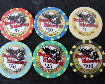 Las Vegas Casino Poker Chips Lot 12 - "Bugsy's Hideaway" Gambling - Vintage Las Vegas Casino Chip Lot of (6)