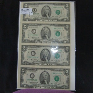 1976 Uncut Sheet of 8 Crisp USA 2 Dollars Uncirculated $2 LEGAL MONEY GIFT BILLS 