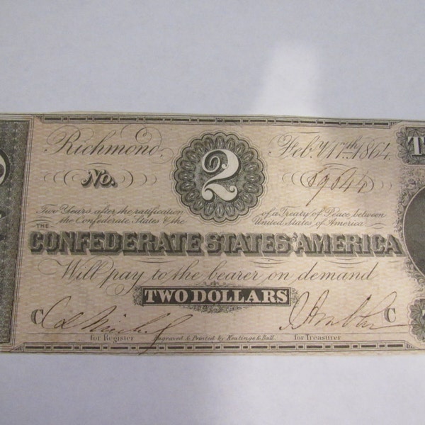 Vintage Obsolete Currency Rare Civil War Confederate  2.00 Dollar Bill 1864 T-70