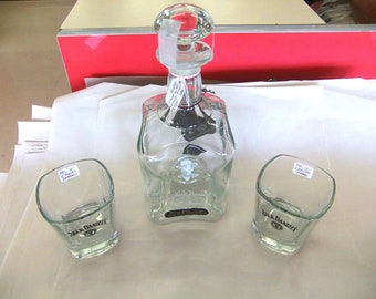 Vintage  Jack Daniels 125th Anniversary Decanter with (2) Square Jack Daniels Whiskey Glasses - Set of Three (3)