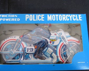 Vintage Japan Friction Toy Police Motorcycle Toy Friction Vintage 1960's Large Tin Police Motorcycle Made in Japan in Original Box