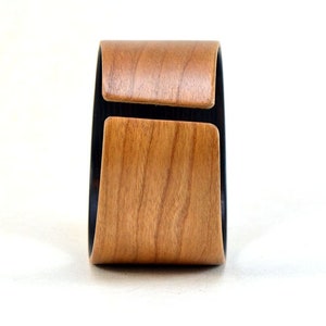 Wooden cuff bracelet, Contemporary lightweight bentwood design, Natural veneer Wild Cherry & African wood Wenge