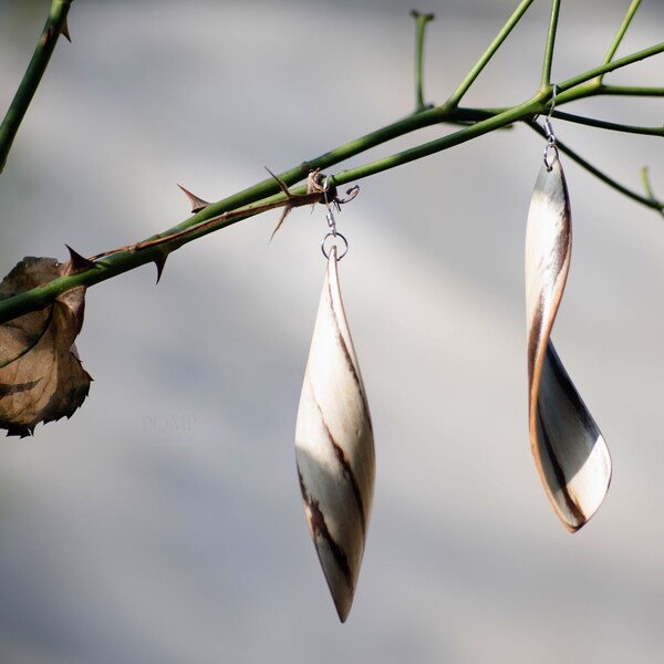 Wooden Earrings, Bentwood White Makassar earrings, Lightweight twirling earrings, Curve, Leaves earrings, Long dangle drops, Wood wedding